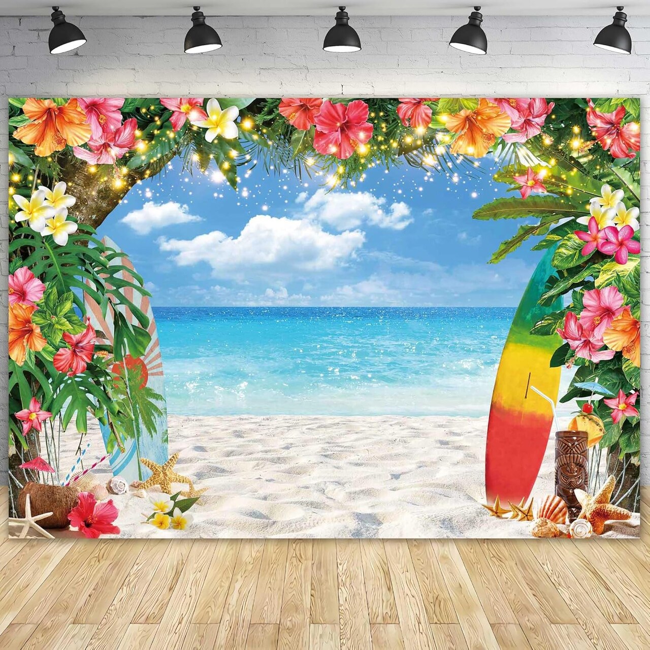 10x8ft Polyester Summer Beach Backdrop | Hawaiian Tropical Palm Leaves & Surfboard Photography Background for Aloha Luau Party, Portrait Photo Booth & Banner Decor